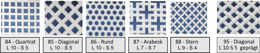 L10     S4     84 - Quartrat         L10     S4     85 - Diagonal         L10     S4     86 - Rund         L10     S4     87 - Arabesk         L10     S4     88 - Stern         L10     S4     95 - Diagonal L 10-S 5  geprgt L 10 - S 5 L 10 - S 5 L 10 - S 5 L 7 - S 7 L 9 - S 4
